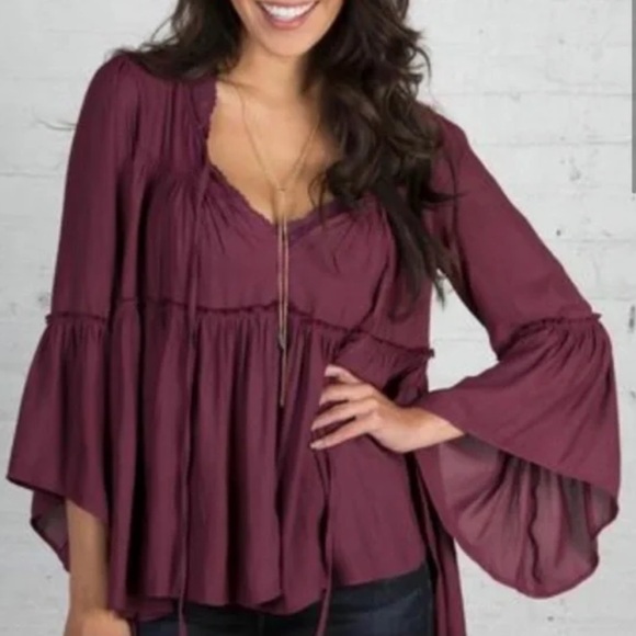 Free People Bell Sleeve Blouse Tiered Flowy Peasant Burgundy Brown boho top XS - Picture 1 of 9